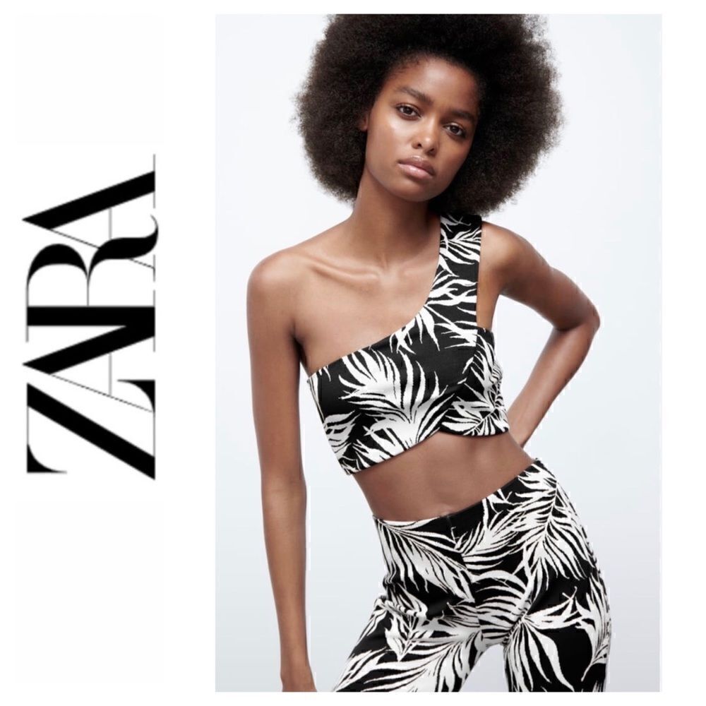 NWT Zara Jacquard Black & White Floral One Shoulder Asymmetric Neckline Crop Top